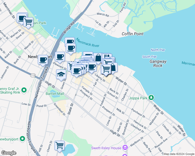 map of restaurants, bars, coffee shops, grocery stores, and more near 44 Liberty Street in Newburyport