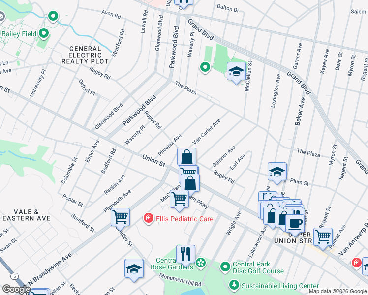 map of restaurants, bars, coffee shops, grocery stores, and more near 1490 Rugby Road in Schenectady