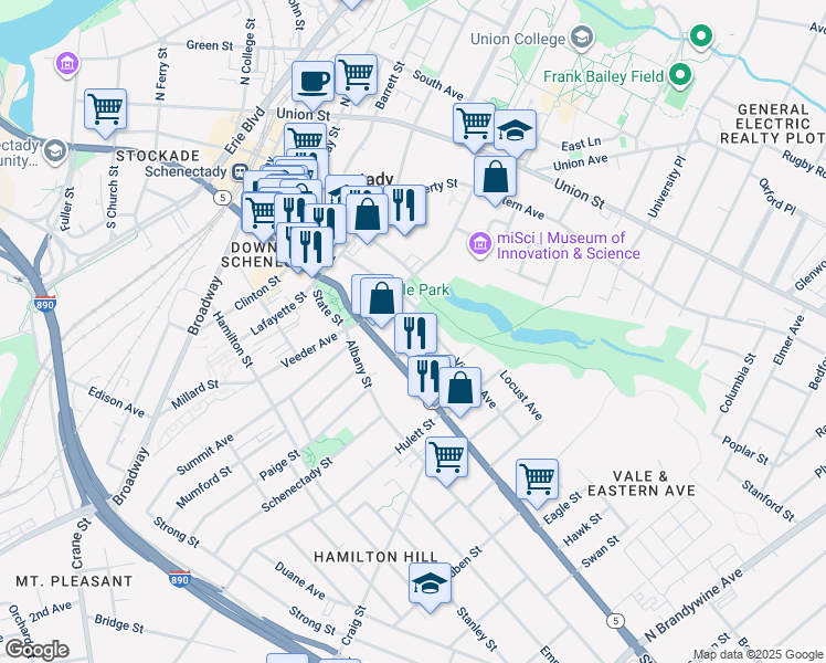 map of restaurants, bars, coffee shops, grocery stores, and more near 5 Barney Street in Schenectady