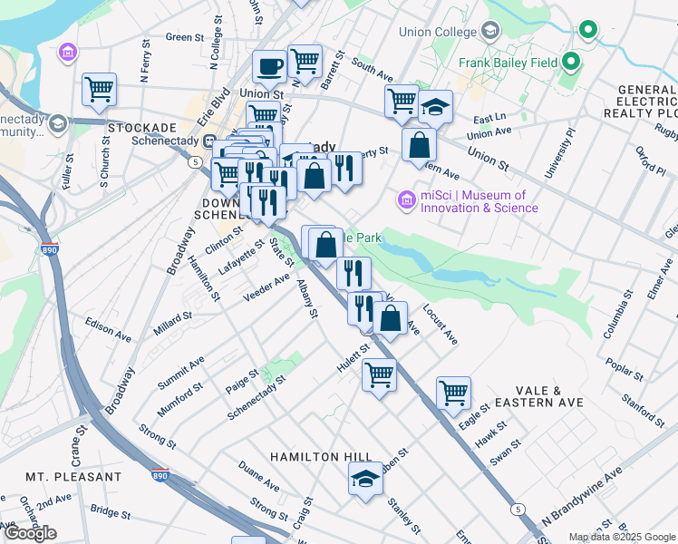 map of restaurants, bars, coffee shops, grocery stores, and more near 5 Barney Street in Schenectady