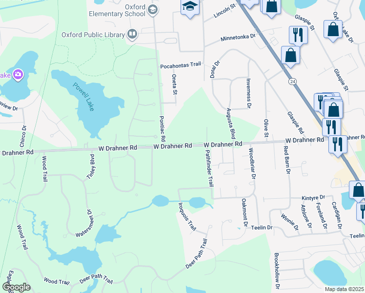 map of restaurants, bars, coffee shops, grocery stores, and more near 493-589 West Drahner Road in Oxford Charter Township