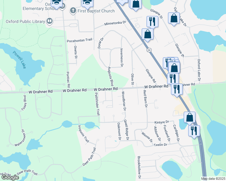 map of restaurants, bars, coffee shops, grocery stores, and more near 387 West Drahner Road in Oakland County