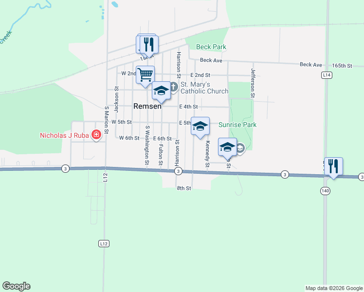 map of restaurants, bars, coffee shops, grocery stores, and more near 608 Madison Street in Remsen