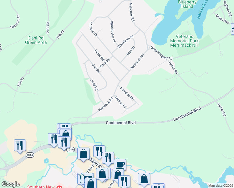 map of restaurants, bars, coffee shops, grocery stores, and more near 2 Cynthia Road in Merrimack