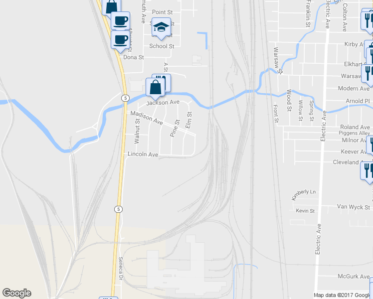 map of restaurants, bars, coffee shops, grocery stores, and more near 108 Elm Street in Lackawanna