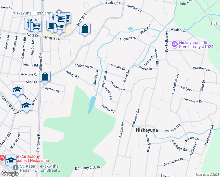 map of restaurants, bars, coffee shops, grocery stores, and more near 2509 Peters Lane in Schenectady County