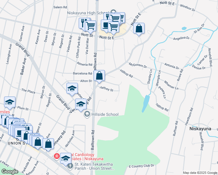map of restaurants, bars, coffee shops, grocery stores, and more near 2435 Jaffrey Street in Schenectady