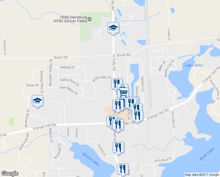 map of restaurants, bars, coffee shops, grocery stores, and more near 15140 North Holly Road in Holly
