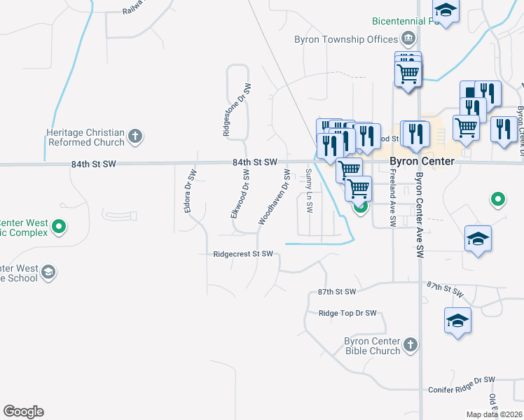 map of restaurants, bars, coffee shops, grocery stores, and more near 8529 Woodhaven Drive Southwest in Byron Center
