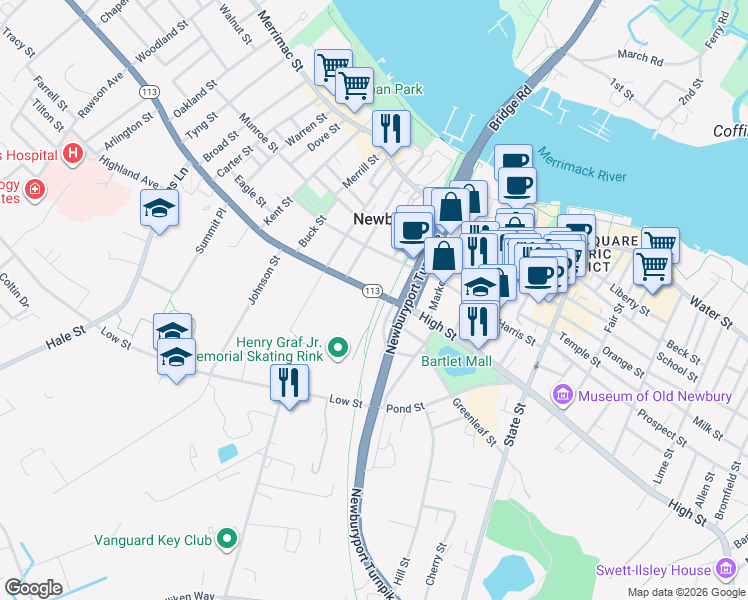 map of restaurants, bars, coffee shops, grocery stores, and more near 181 Massachusetts 113 in Newburyport