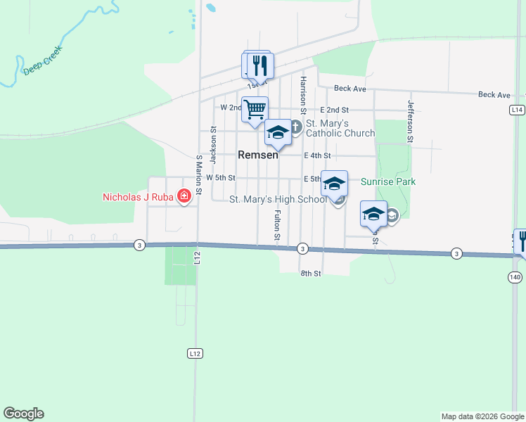 map of restaurants, bars, coffee shops, grocery stores, and more near 601 South Washington Street in Remsen
