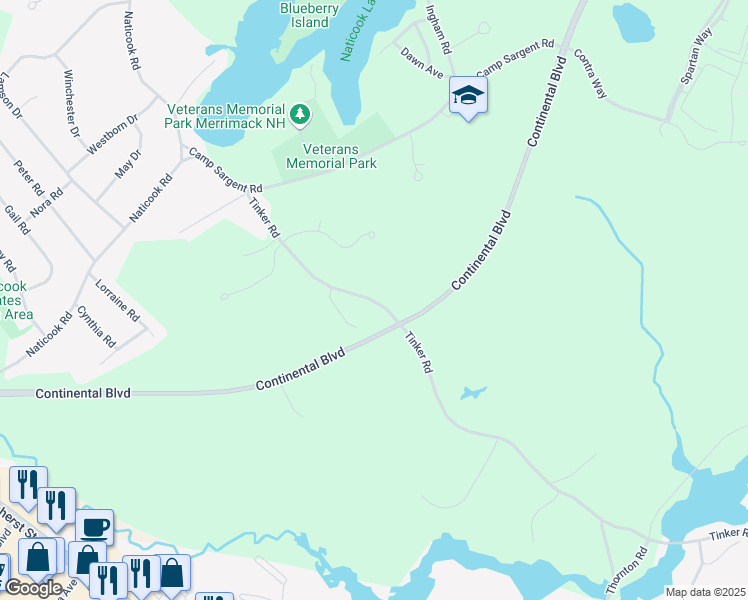 map of restaurants, bars, coffee shops, grocery stores, and more near 16 Tinker Road in Merrimack