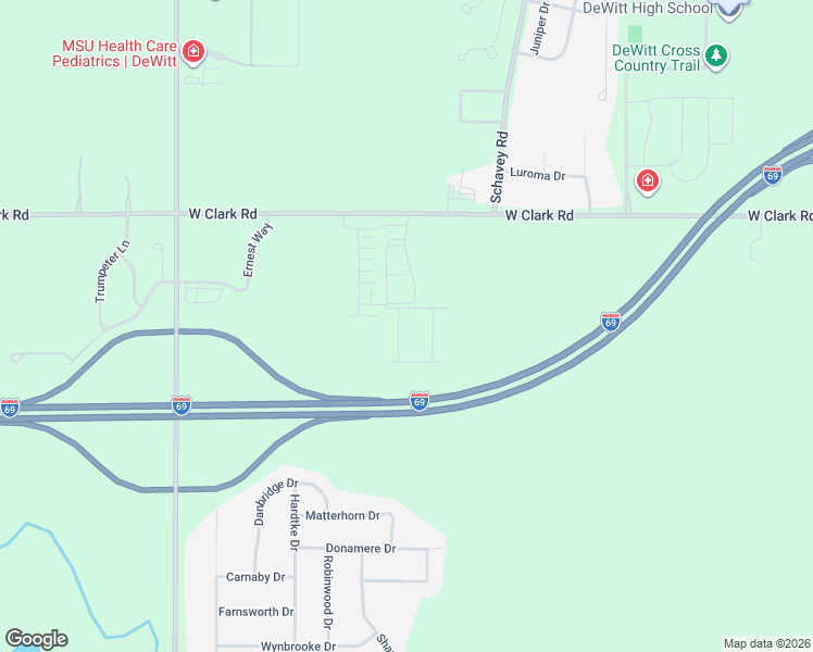map of restaurants, bars, coffee shops, grocery stores, and more near 3505 West Clark Road in DeWitt