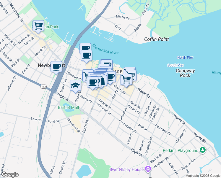 map of restaurants, bars, coffee shops, grocery stores, and more near 42 Middle Street in Newburyport