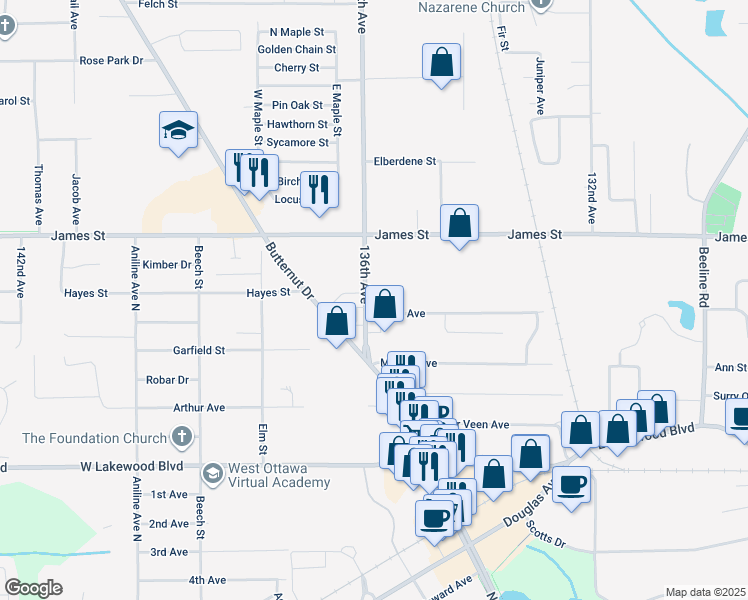 map of restaurants, bars, coffee shops, grocery stores, and more near 413 136th Avenue in Holland