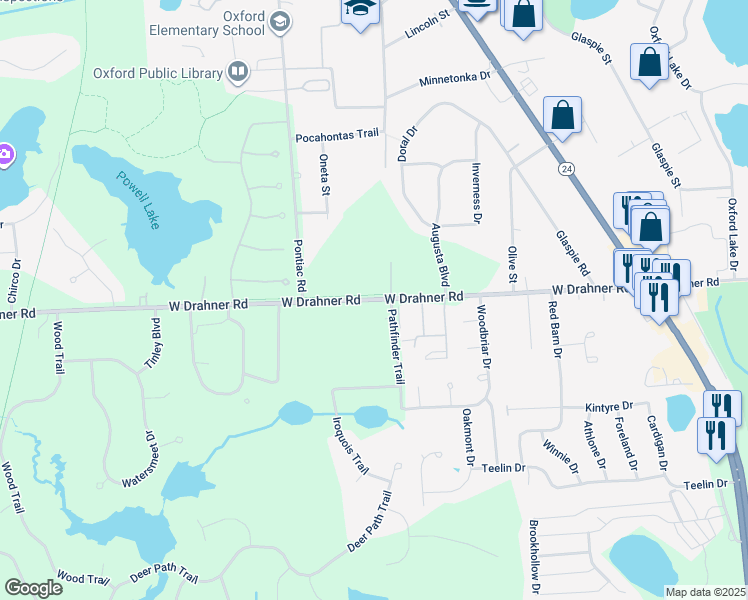 map of restaurants, bars, coffee shops, grocery stores, and more near 493 West Drahner Road in Oakland County