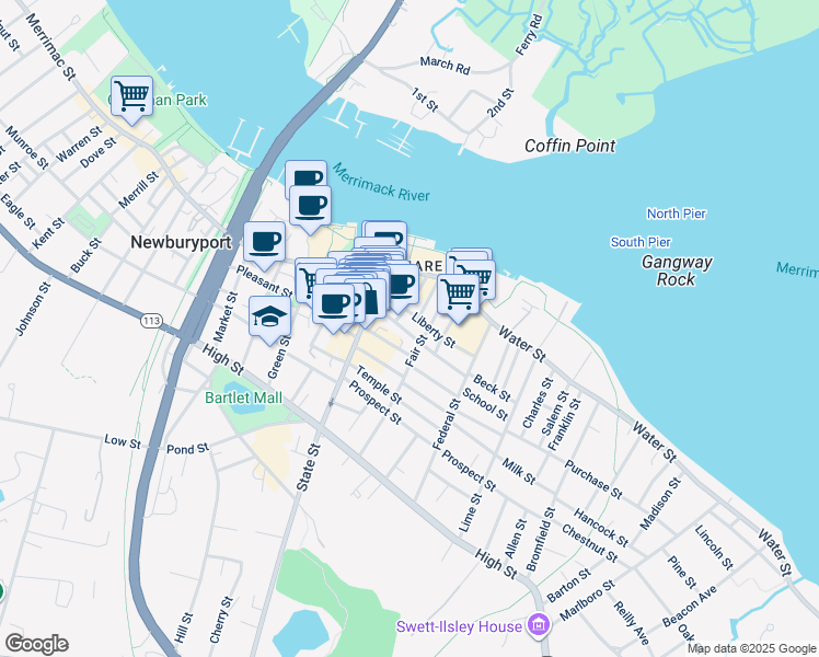 map of restaurants, bars, coffee shops, grocery stores, and more near 40 Middle Street in Newburyport