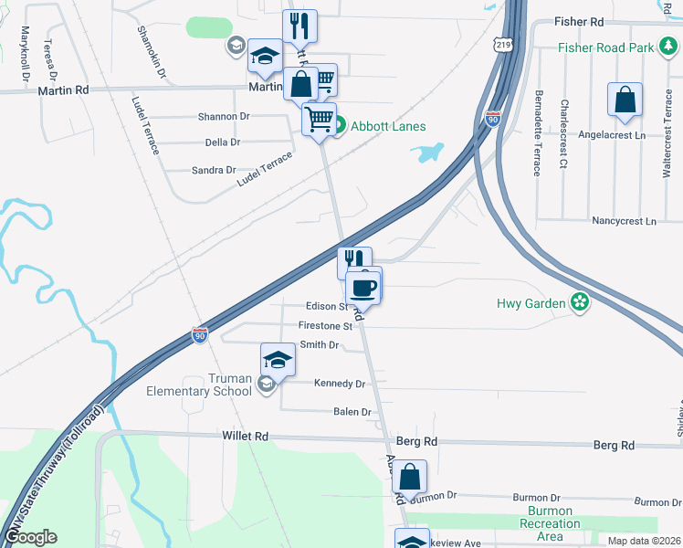 map of restaurants, bars, coffee shops, grocery stores, and more near 2015 Abbott Road in Lackawanna