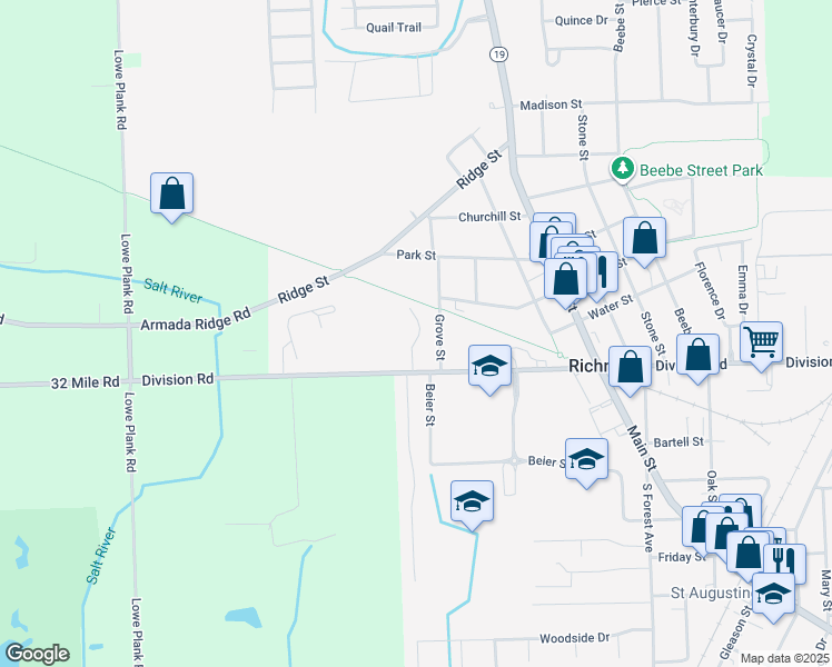 map of restaurants, bars, coffee shops, grocery stores, and more near 69053 Grove Street in Richmond