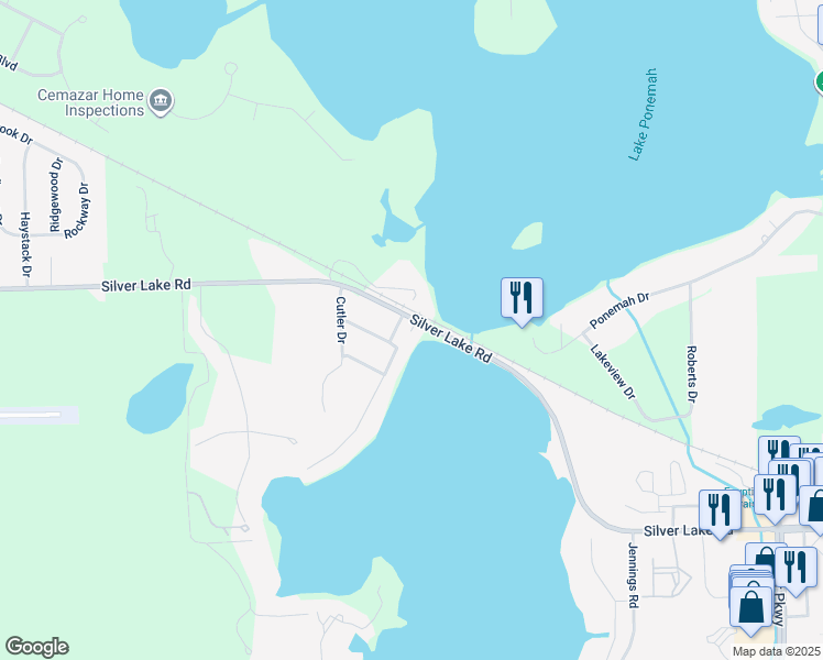 map of restaurants, bars, coffee shops, grocery stores, and more near 4069 Silver Lake Road in Linden