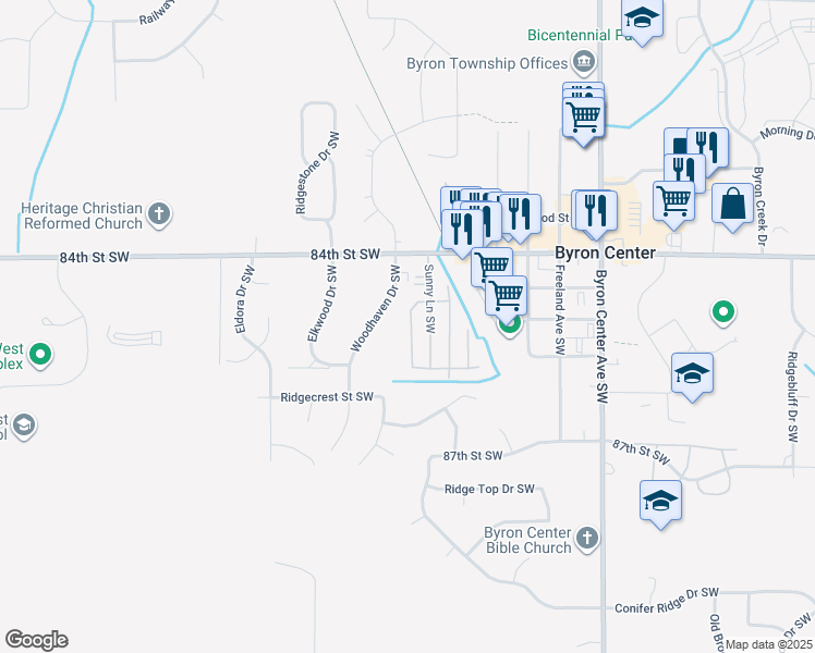 map of restaurants, bars, coffee shops, grocery stores, and more near 8548 Skyline Drive Southwest in Byron Center