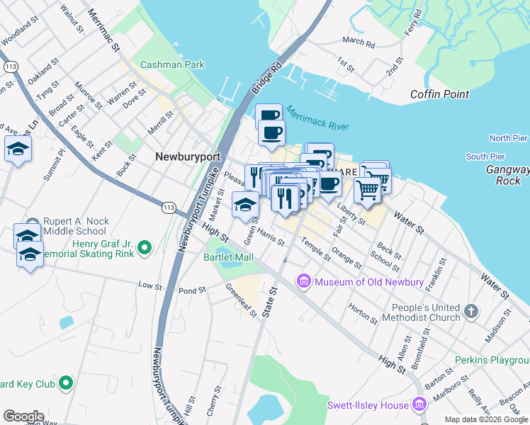 map of restaurants, bars, coffee shops, grocery stores, and more near 68 Hales Court in Newburyport