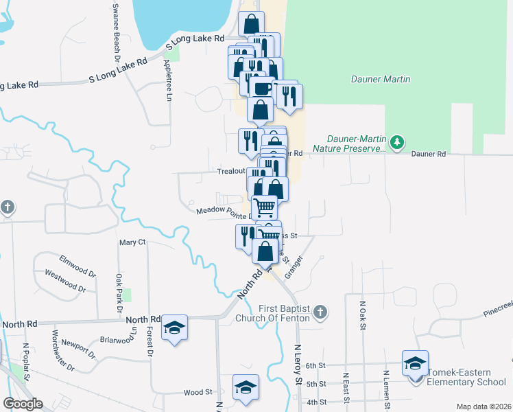 map of restaurants, bars, coffee shops, grocery stores, and more near 1149 North Leroy Street in Fenton