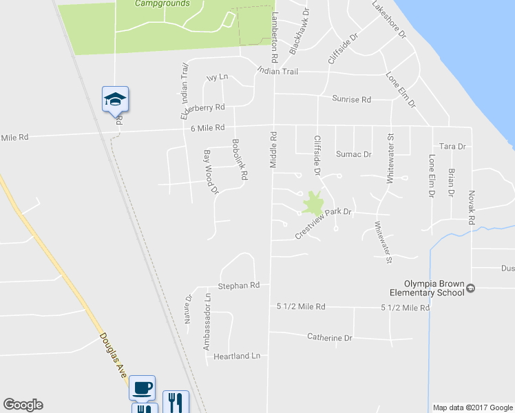 map of restaurants, bars, coffee shops, grocery stores, and more near 6734 Middle Road in Racine