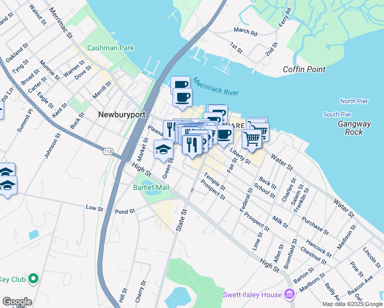 map of restaurants, bars, coffee shops, grocery stores, and more near 31 Pleasant Street in Newburyport