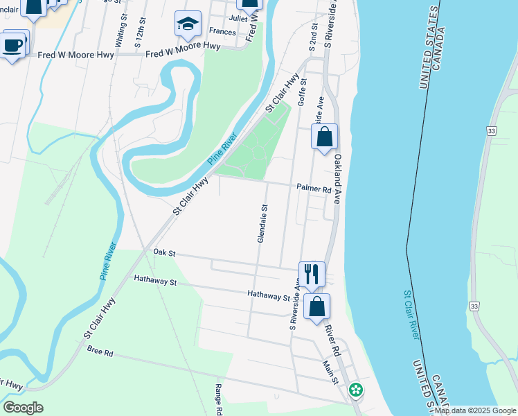 map of restaurants, bars, coffee shops, grocery stores, and more near 1540 Glendale Street in Saint Clair