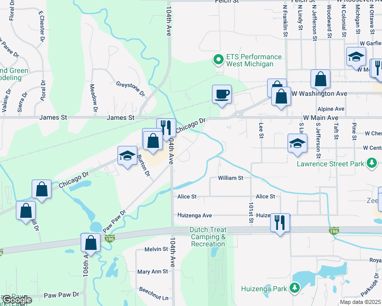 map of restaurants, bars, coffee shops, grocery stores, and more near 10328 Paw Paw Drive in Zeeland