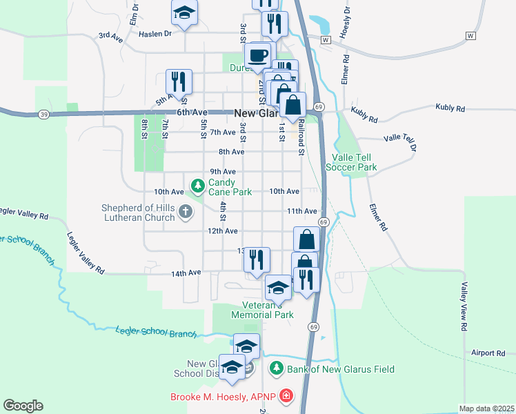 map of restaurants, bars, coffee shops, grocery stores, and more near 1019 2nd Street in New Glarus