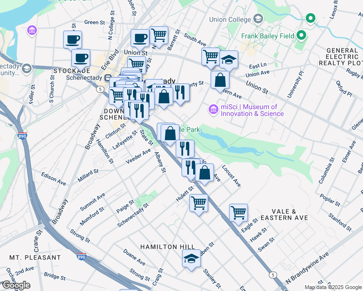 map of restaurants, bars, coffee shops, grocery stores, and more near 5 Barney Street in Schenectady