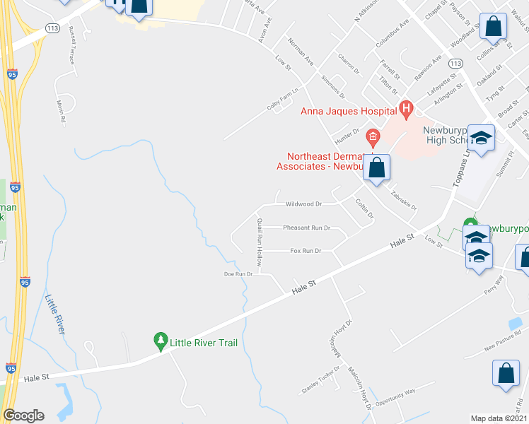 map of restaurants, bars, coffee shops, grocery stores, and more near 23 Wildwood Drive in Newburyport