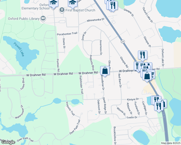 map of restaurants, bars, coffee shops, grocery stores, and more near 387 West Drahner Road in Oakland County