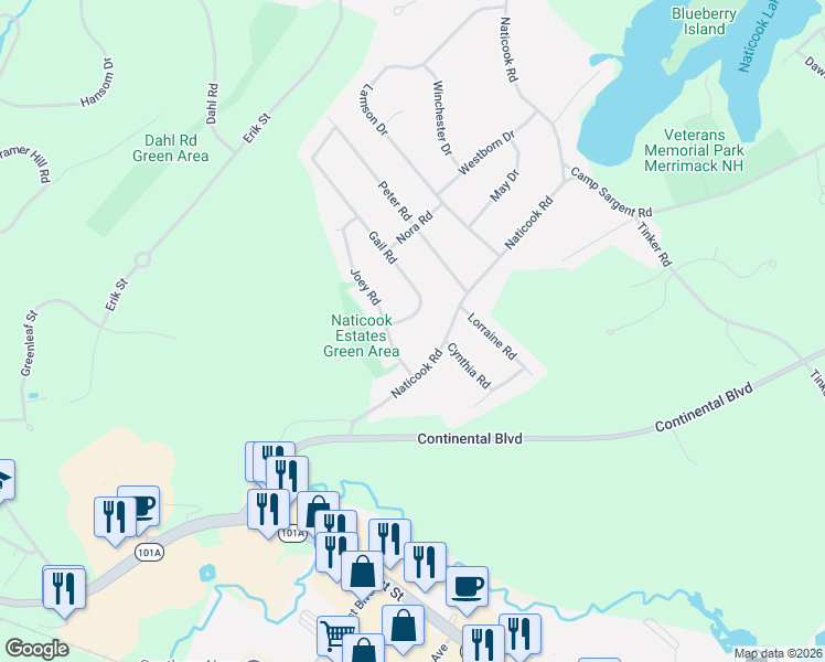 map of restaurants, bars, coffee shops, grocery stores, and more near 5 Gail Road in Merrimack