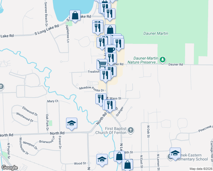 map of restaurants, bars, coffee shops, grocery stores, and more near 1149 North Leroy Street in Fenton