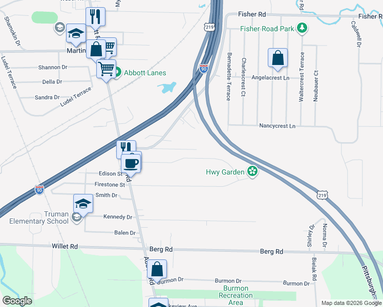 map of restaurants, bars, coffee shops, grocery stores, and more near 31 South Drive in West Seneca