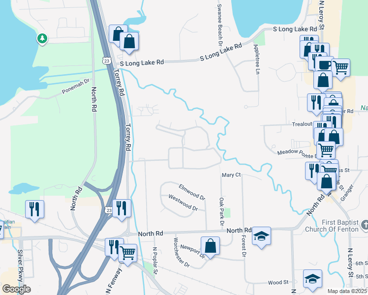 map of restaurants, bars, coffee shops, grocery stores, and more near 421 Georgetown Parkway in Fenton