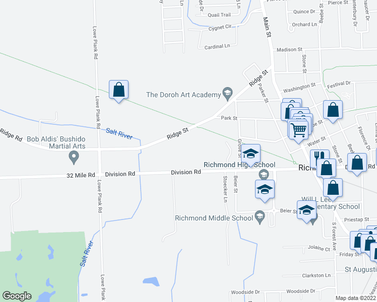 map of restaurants, bars, coffee shops, grocery stores, and more near 34901 Division Road in Richmond