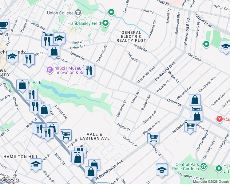 map of restaurants, bars, coffee shops, grocery stores, and more near 1 Whitehall Place in Schenectady