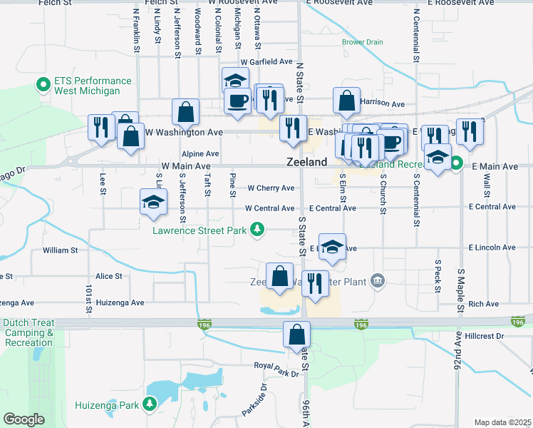 map of restaurants, bars, coffee shops, grocery stores, and more near 39 West Lawrence Avenue in Zeeland