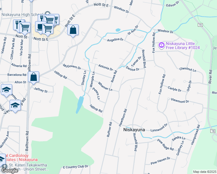 map of restaurants, bars, coffee shops, grocery stores, and more near 1349 Rowe Road in Schenectady County