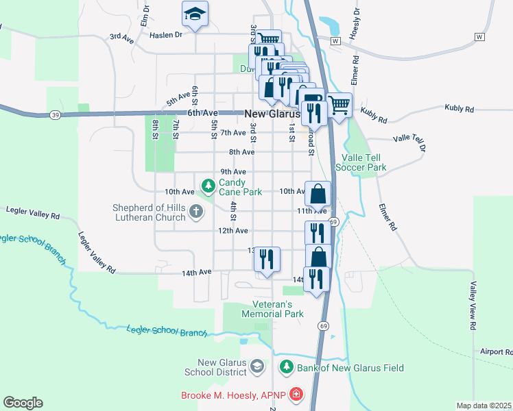 map of restaurants, bars, coffee shops, grocery stores, and more near 1019 2nd Street in New Glarus