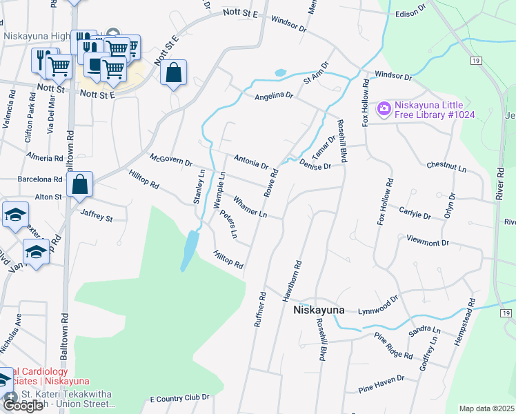 map of restaurants, bars, coffee shops, grocery stores, and more near 1349 Rowe Road in Schenectady County