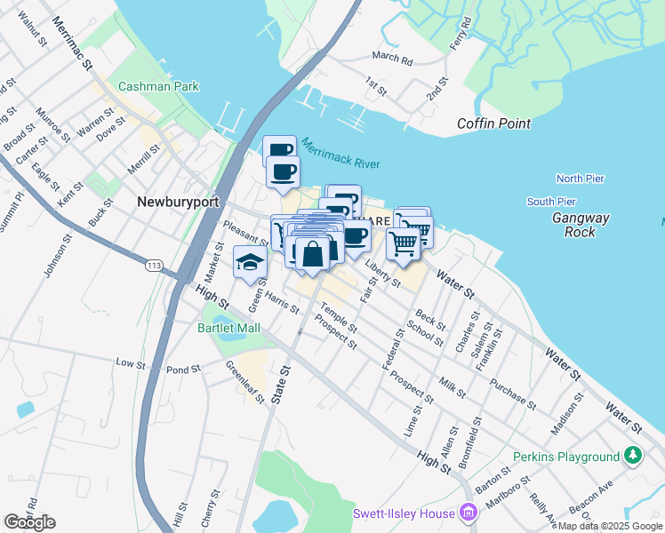 map of restaurants, bars, coffee shops, grocery stores, and more near 2 Pleasant Street in Newburyport
