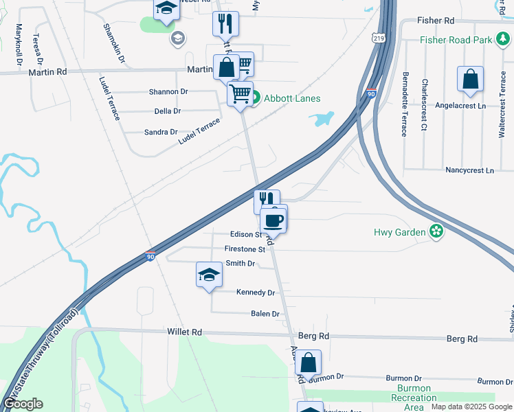 map of restaurants, bars, coffee shops, grocery stores, and more near 2015 Abbott Road in Lackawanna
