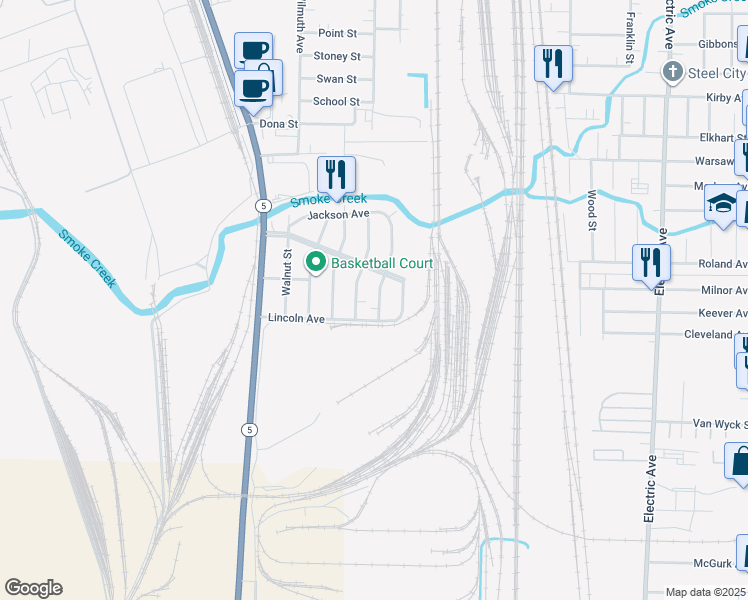 map of restaurants, bars, coffee shops, grocery stores, and more near 108 Elm Street in Lackawanna