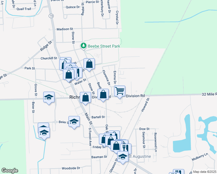 map of restaurants, bars, coffee shops, grocery stores, and more near 69010 Beebe Street in Richmond