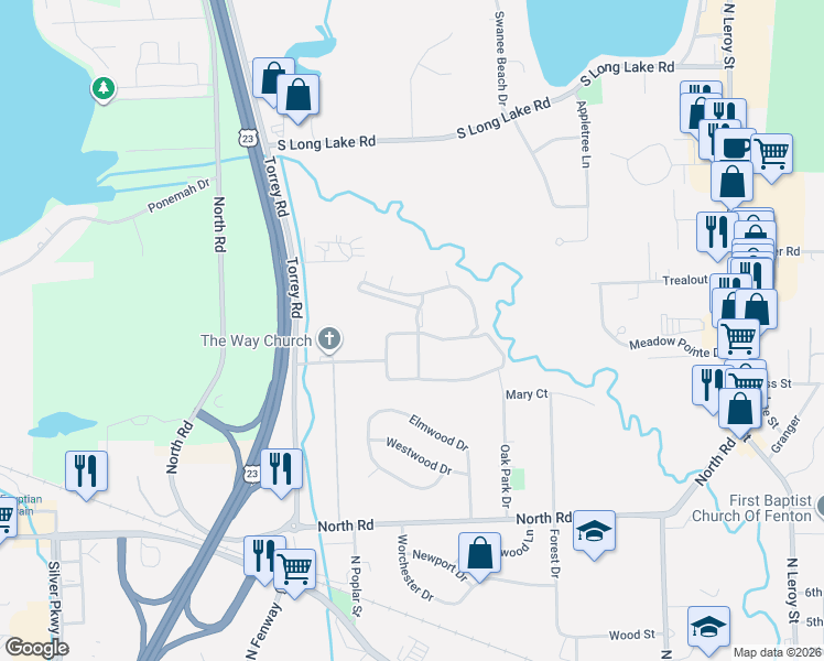 map of restaurants, bars, coffee shops, grocery stores, and more near 310 South Leroy Street in Fenton